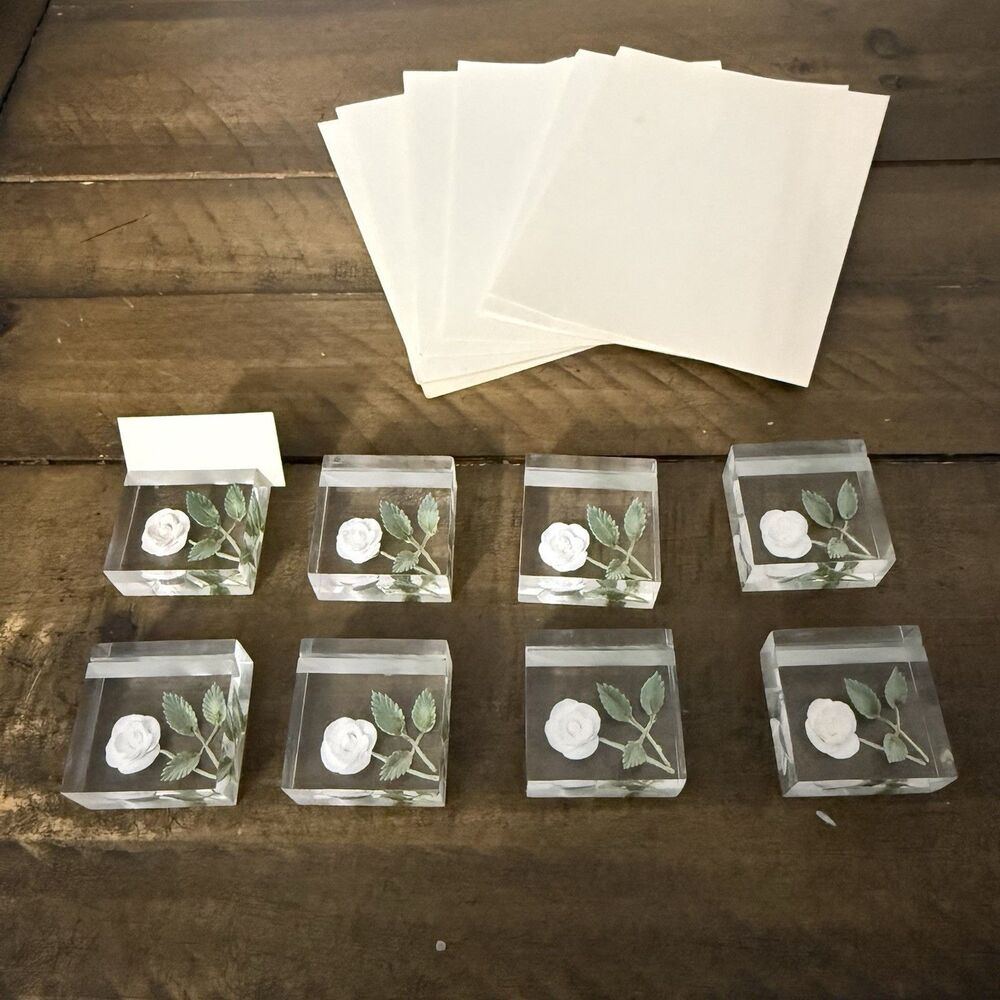 Min Nehune Set of 8 Vintage Reverse Carved Flower Lucite Place Card Holders MCM